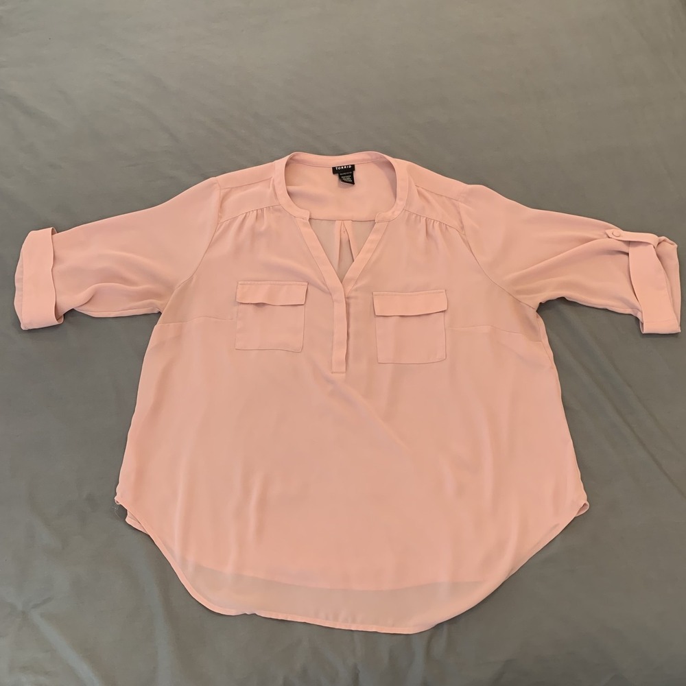 Torrid Blouse Womens 1 Pink High Low‎ Roll Tab Sleeve Sheer Chiffon Top Pockets